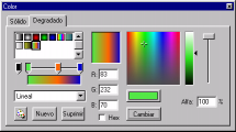 Creación y edición de degradados Utilice la ventana Colores para crear y editar degradados. La ficha Degradado de esta ventana muestra todos los degradados disponibles en Flash en la actualidad.