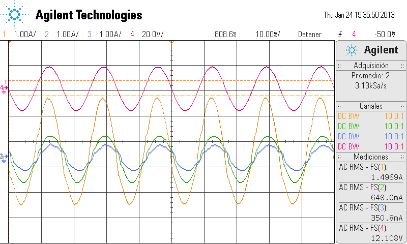 La conexión de los tres inversores con carga lineal se muestra en la Figura 84. Figura 84 Oscilograma de la conexión de tres inversores con carga lineal.