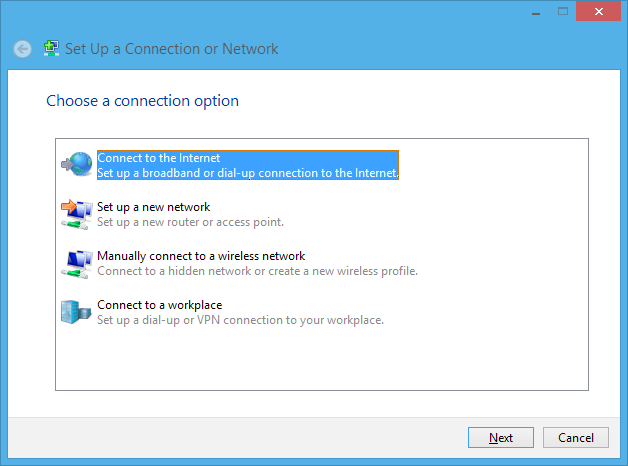 7. Volver a la ventana de Network and Sharing Center (Centro de redes y recursos compartidos) y luego pulse Set up a new connection or network (Configurar una