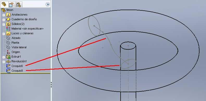34 Protocolo SolidWorks Gire un poco la figura para poder visualizar simultáneamente el extremo final del primer croquis y el centro de la elipse, seleccione los dos puntos y establezca una relación