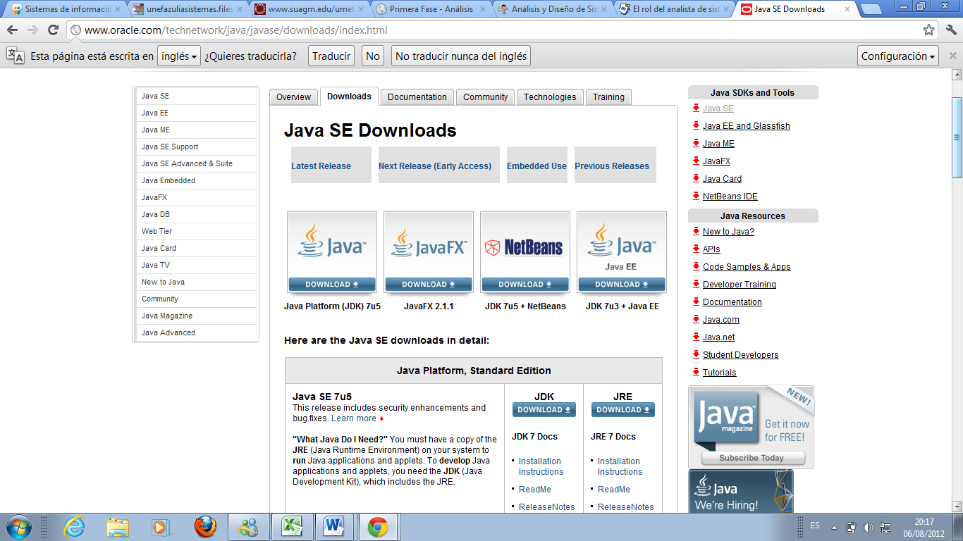 Y descargamos el JDK para Java y el JRE para la máquina virtual.