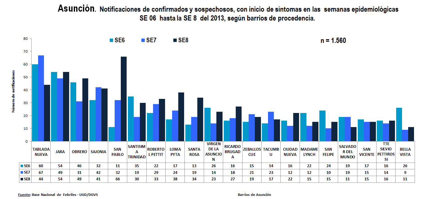 En el gráfico 6 podemos observar que en las últimas tres semanas epidemiológicas, SE 6, 7 y 8, 20 barrios de Asunción acumulan más de 45 notificaciones cada uno totalizando 1.