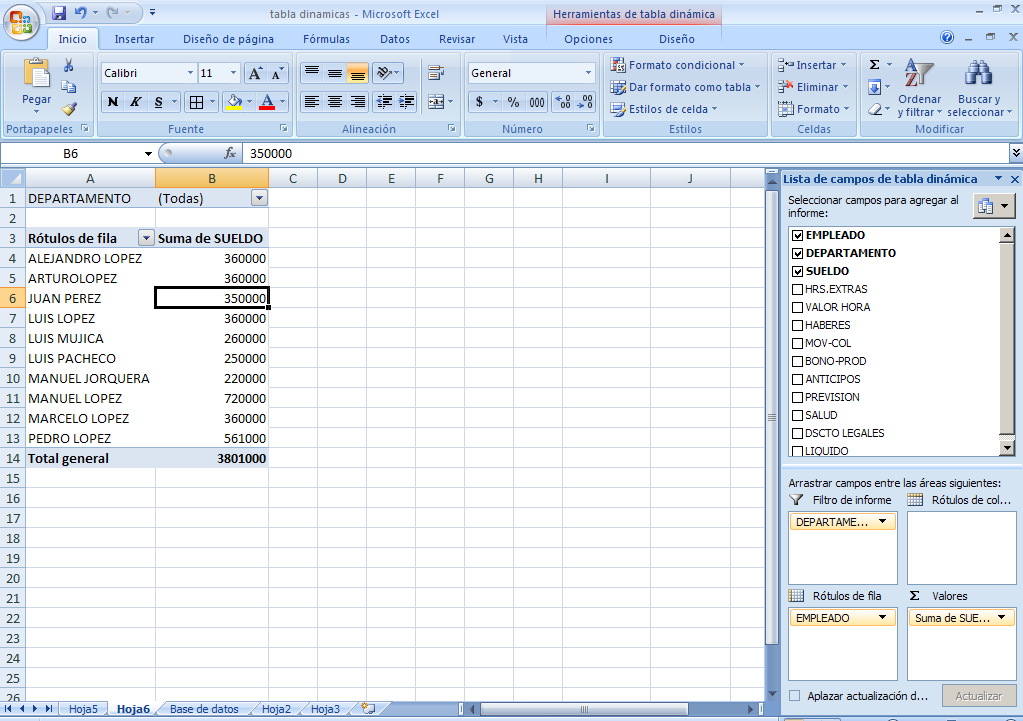 Tablas y Gráficos Dinámicos Microsoft Excel 2007 Zona Filtro de Informe Zona valores Zona Rótulos de Fila Imagen 33 Informe de Tabla Dinámica Estructurado Nota: Otra alternativa de trabajo consiste