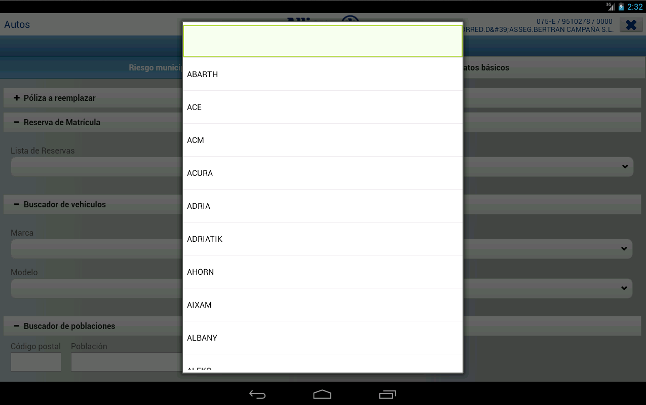 Visualización de listas desplegables Producción Autos Android. La visualización de la listas depende del fabricante.