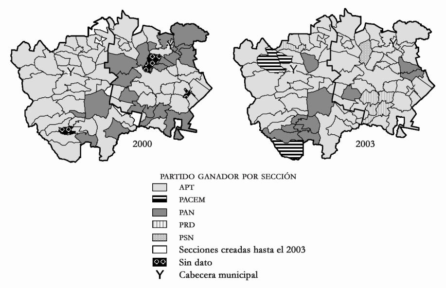 Figura 3 COMPORTAMIENTO ELECTORAL EN 2000 Y 2003 Fuente: Instituto Electoral del Estado de México (2004), Elecciones del Estado de México 1990-2003.
