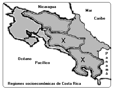 4 8. Observe el siguiente croquis de Costa Rica. Las regiones socioeconómicas señaladas en el croquis anterior con X, reciben los nombres de a) Central y Brunca. b) Chorotega y Central.