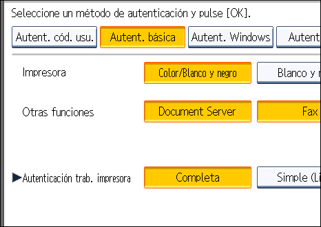 Configuración de la autenticación de usuario 7. Seleccione el nivel "Autenticación trab. impresora". Si selecciona [Completa] o [Simple (Todo)], continúe en Selección de Completa o Simple (Todo).