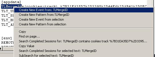Figura 41. Menú contextual Si selecciona un nombre de ariable como TLMergeID, se puede definir un suceso para detectar la presencia de la ariable en la solicitud.