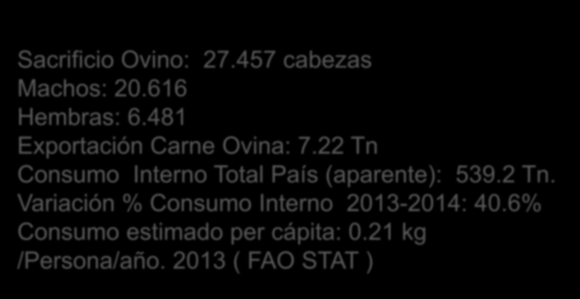 INDICADORES ACTIVIDAD OVINA 2014 Sacrificio Ovino: 27.457 cabezas Machos: 20.616 Hembras: 6.481 Exportación Carne Ovina: 7.