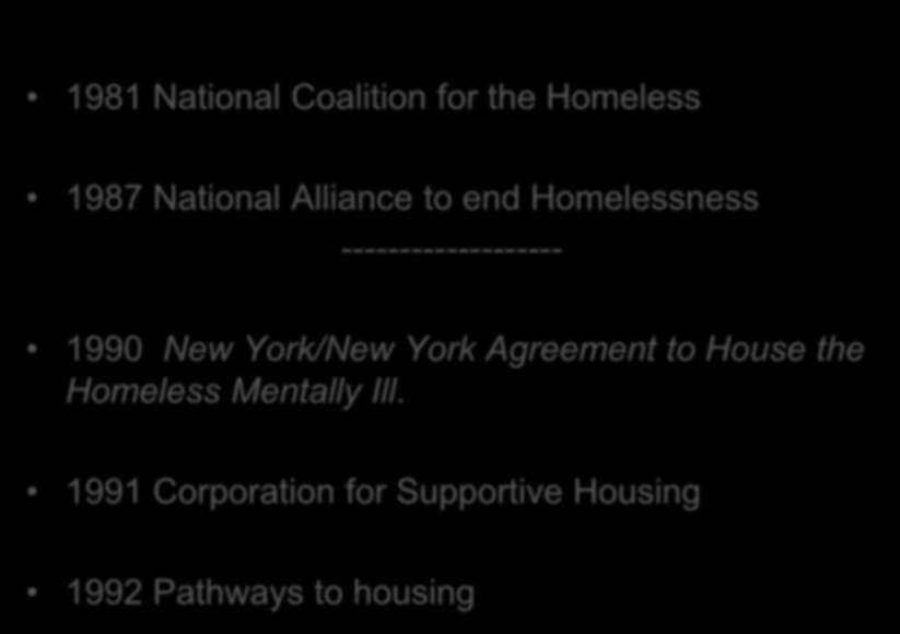 Housing first 1981 National Coalition for the Homeless 1987 National Alliance to end Homelessness ------------------- 1990