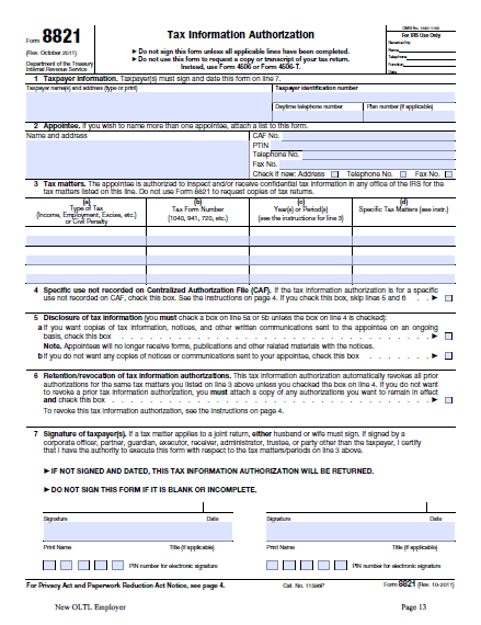 Instrucciones para el Formulario 8821: Autorización de información tributaria Este formulario permite que PPL pueda hablar sobre su cuenta de retención del empleador con el IRS.