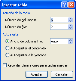 El resultado de la selección anterior es una tabla de 4 columnas y 2 filas: También se puede crear una tabla utilizando la opción Insertar tabla, con lo cual se visualizará la siguiente ventana en la