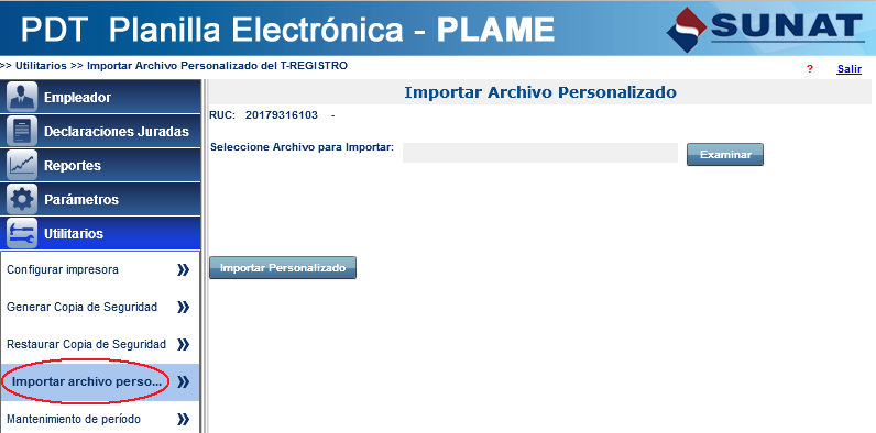 Importación de Archivo Personalizado del T-REGISTRO El empleador también podrá efectuar la carga de los datos del T-REGISTRO al PDT PLAME a través de la importación del Archivo Personalizado del