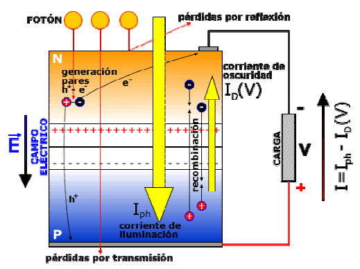 La corriente entregada a una carga por una célula solar es el resultado neto de dos componentes internas de corriente que se oponen.