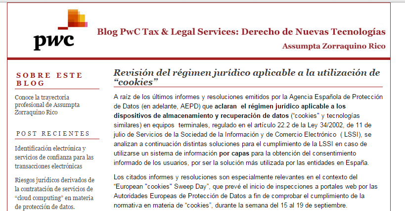 5- Blog PwC Tax & Legal Services: Assumpta Zorraquino - Nuevas tecnologías - Blog sobre derecho aplicado a las nuevas tecnologías - Contenido poco visual. - No facilita la viralidad de los contenidos.