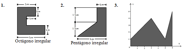 Ejemplo : Calcular el área del polígono irregular (Pentágono irregular) de la Figura 3: Figura 3: A la izquierda en el polígono las medidas están dadas en centímetros.