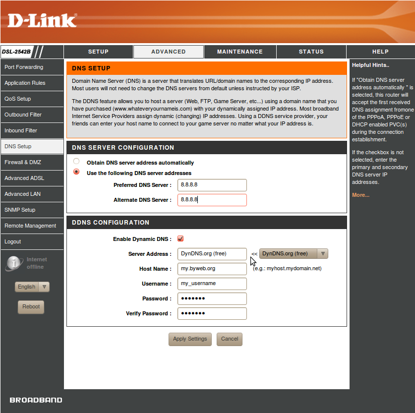 DYNDNS En esta imagen se representa la pantalla del router relativa a los ajustes del DNS y del posible uso de los servicios de DNS dinámico (por ejemplo DynDNS).