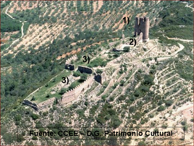 Figura 2. El hisn de Almonecir El castillo presenta tres zonas bien diferenciadas (Figura 3): 1) Torre de tapial de planta rectangular - circular de 50 m 2 y 18 m de altura.