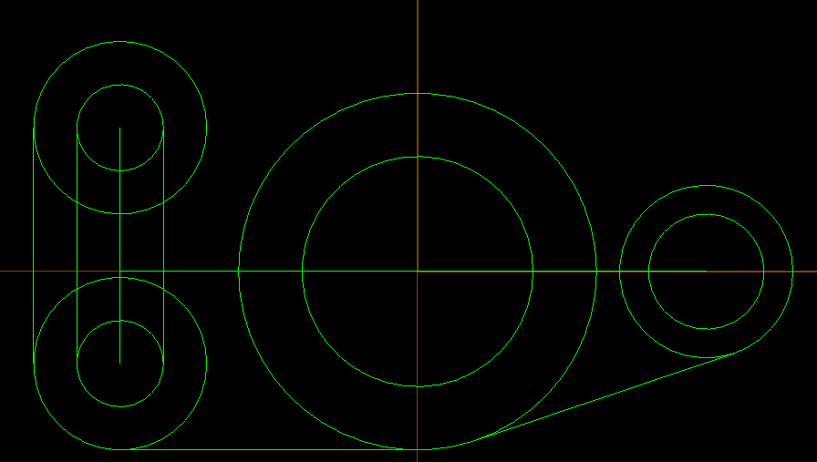 7. El siguiente paso es realizar las líneas tangentes a las circunferencias. En el dibujo hay cinco líneas tangentes que se hacen de igual manera.