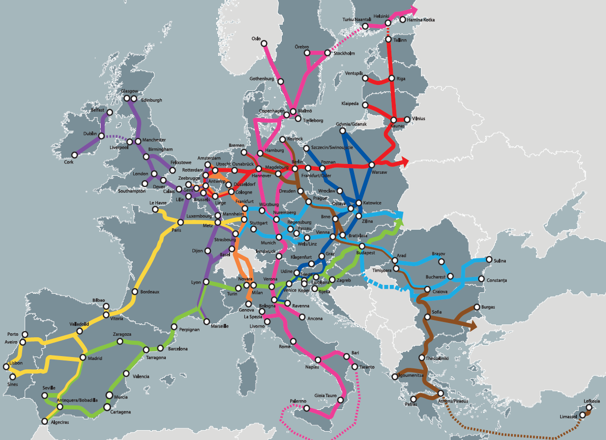 3. ANÁLISIS DE CORREDORES La red red transeuropea de transporte (Trans-European Transport Network-TEN-T), propone 9 corredores ferroviarios principales para mercancías.