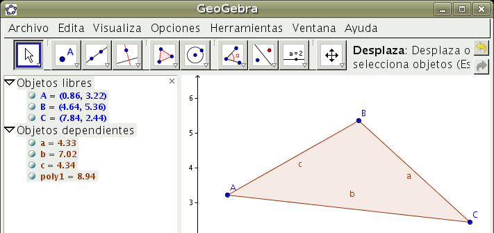 4 PRIMEROS PASOS CON GEOGEBRA #8/14 En la zona gráfica tenemos el triángulo al que ha asignado nombres (A, B, C, a, b, c) tanto a los vértices como a los segmentos o lados del triángulo.