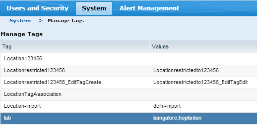 4. Seleccione Create Tag. Aparece el cuadro de diálogo Create Tag. 5. Escriba lab en Tag Name, y bangalore y hopkinton en Values. 6.