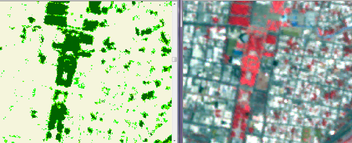 Figura 4: Resultado de la clasificación de la biomasa en la Macroplaza (imagen superior izquierda), proyección en falso infrarrojo (imagen superior derecha) e imagen de GE en la que se