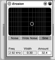 19.7. EROSION 251 19.7. Erosion El efecto Erosion. El efecto Erosion degrada la señal de entrada modulando un corto retardo con ruido filtrado o con una onda sinusoidal.