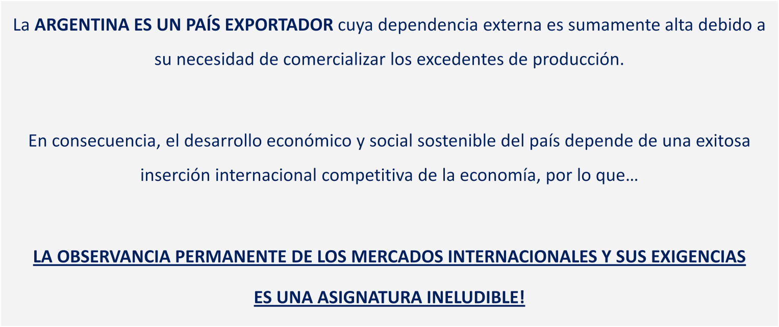 La ARGENTINA ES UN PAÍS EXPORTADOR cuya dependencia externa es sumamente alta debido a su necesidad de comercializar los excedentes de producción.