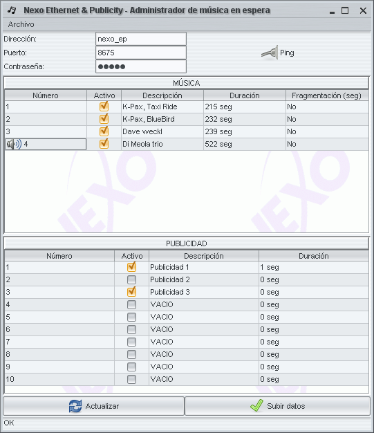 Figura 5: Administración de la música en espera Nexo E&P 6.3 Envío de archivos de audio tipo MUSICA Presione Actualizar para obtener la lista de archivos en el Nexo E&P.