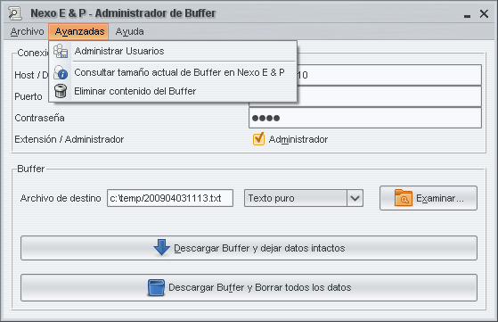 7.4 Descarga del Buffer Es posible descargar los datos dejando los datos intactos en el Buffer interno del Nexo E&P o bien vaciando por completo este último.