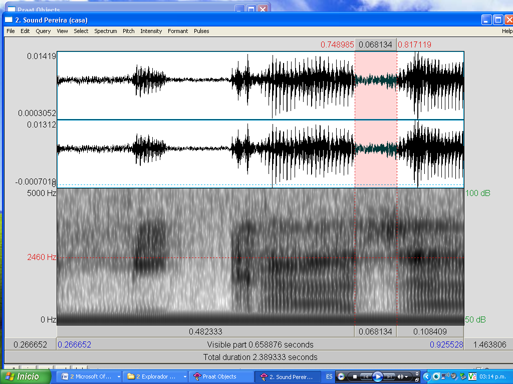Espectrograma de /jonosetokabjolin/ (Chocó, 20) Como se alcanza a apreciar en el espectrograma anterior, el sonido de la consonante bilabial sonora /b/ se articula inmediatamente después de la vocal