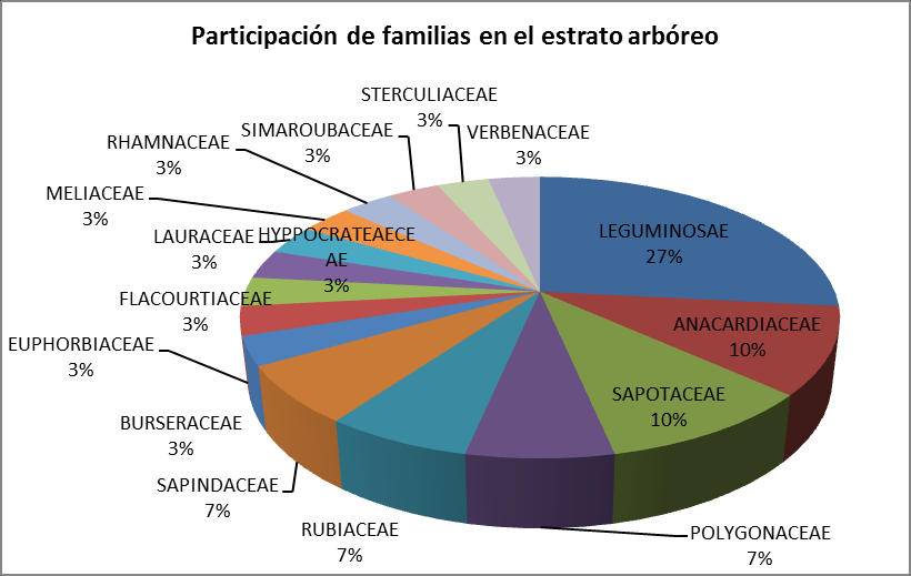 Figura No.36. Participación de las familias botánicas presentes en el predio en función de la cantidad de especies representadas.
