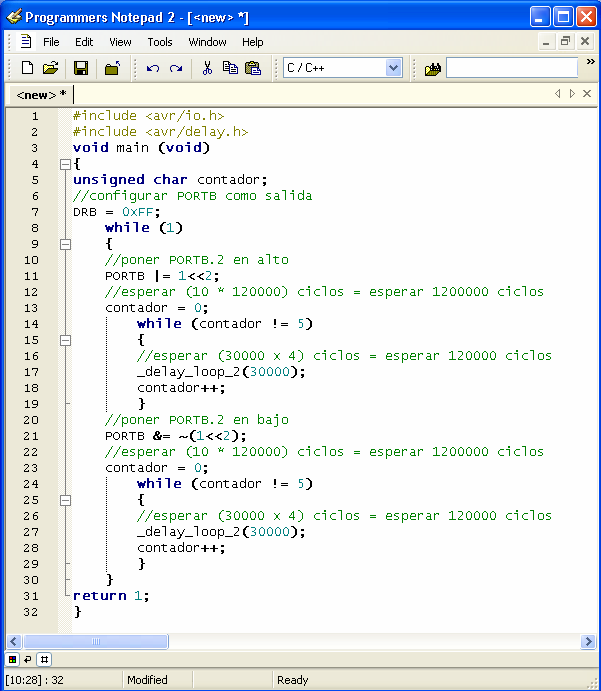 CAPÍTULO 5: TUTORIAL - 251 - Figura. 5.10. Programmers Notepad de WinAVR, escritura de código Al analizar la primera línea de código (#include <avr/io.