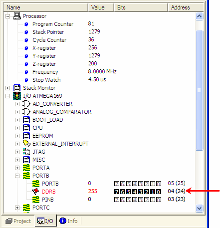 CAPÍTULO 5: TUTORIAL - 261 - Figura. 5.24. AVR Studio, Puerto B configurado como salida de datos 13. Presionar la tecla F11 y observar PORTB dentro de PORTB, en la ventana Workspace.