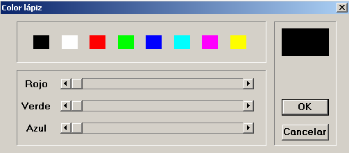 negro: poncl [0 0 0] poncl 0 azul: poncl [0 0 255] poncl 1 verde: poncl [0 255 0] poncl 2 azul claro: poncl [0 255 255] poncl 3 rojo: poncl [255 0 0] poncl 4 violeta: poncl [255 0 255] poncl 5