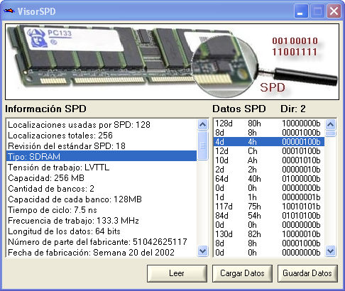 Un software desarrollado en Visual Basic 6 permite, a través del puerto paralelo y de una interfaz conectada a él, la lectura de los datos almacenados en la EEPROM empleada en la SPD.