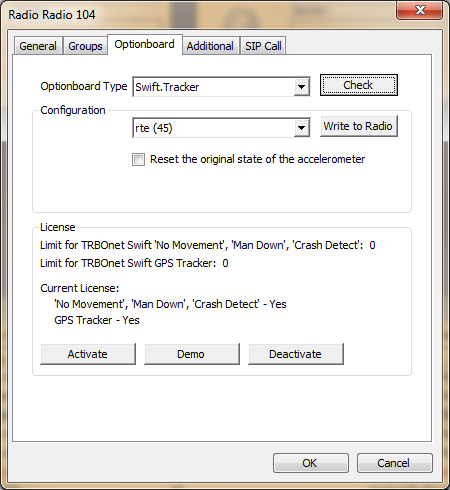 Pestaña Optionboard cuando Swift Tracker es seleccionado: Haga clic en el boton «Comprobar» para probar la conexión al dispositivo Swift Tracker.