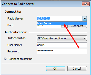 Conexión de la Consola al Servidor Principal y de Reserva Ir al menú Archivo, Conectar a Servidor de Radio y seleccionar de la lista desplegable el servidor creado Haga clic en el Botón "OK" para