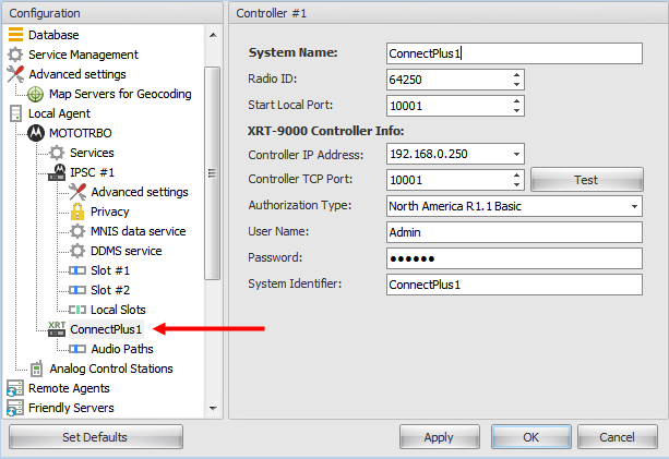 Especifique los siguientes parámetros del nuevo controlador XRT-9000: Nombre del sistema - especificar nombre de controlador de XRT-9000 para mostrar en la consola de Despacho; Puerto local Inicio -