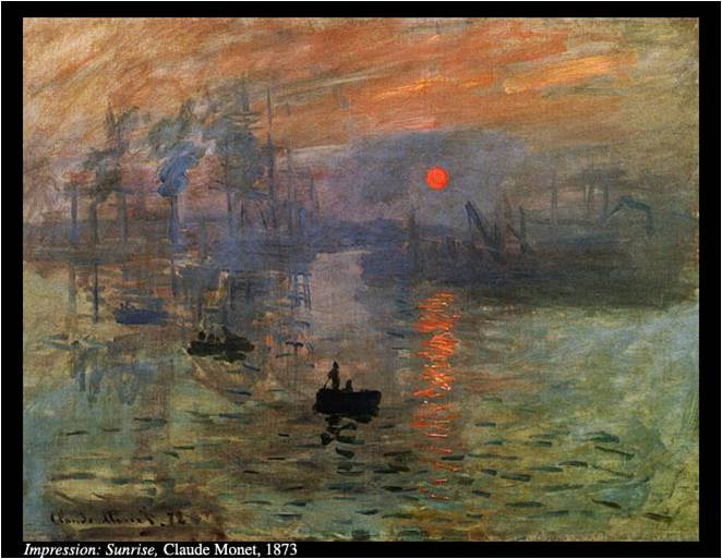 Impresión: sol naciente: Cuadro de Monet, paisajista que refleja un amanecer en el que el sol rojo se refleja sobre las aguas del mar, sin apreciar apenas las líneas que delimitan el horizonte