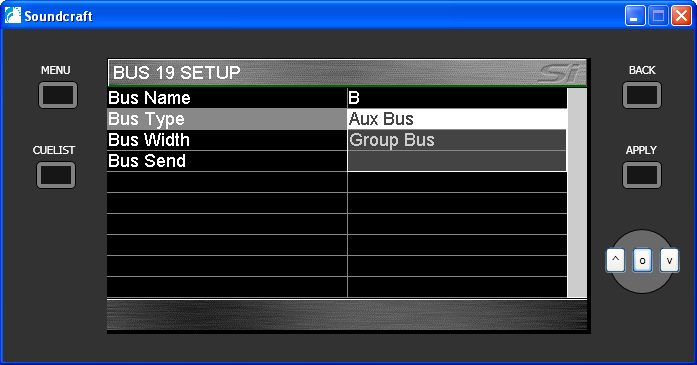 Pulse el botón BACK para salir de la página de asignación de nombre y volver a la pantalla BUS 1 SETUP. BUS TYPE Desplácese hasta la línea Bus Type.