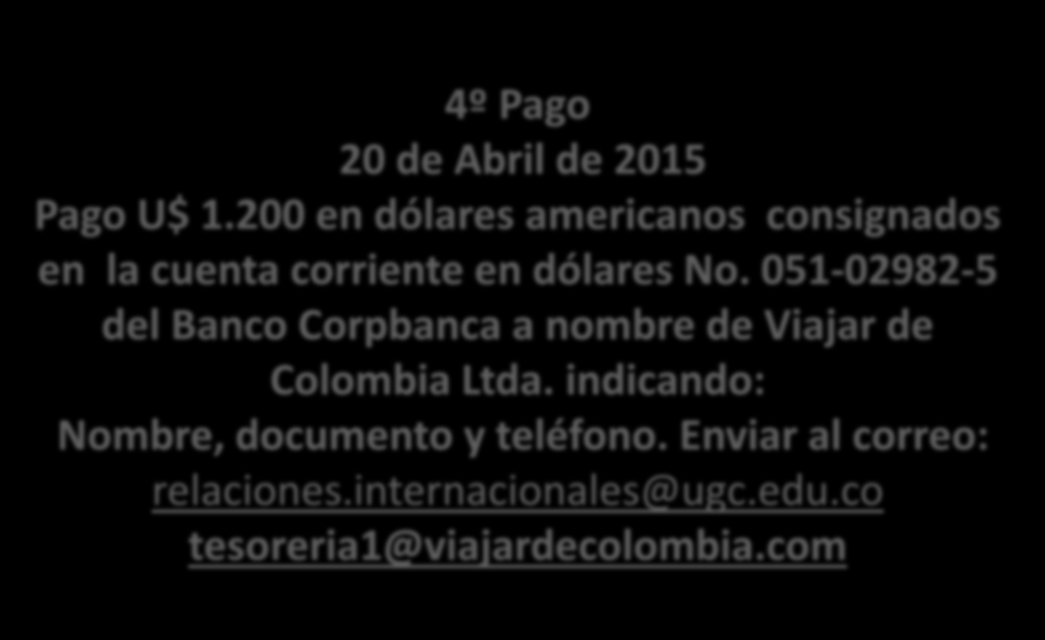 PROCEDIMIENTOS DE PAGOS 4º Pago 20 de Abril de 2015 Pago U$ 1.200 en dólares americanos consignados en la cuenta corriente en dólares No.