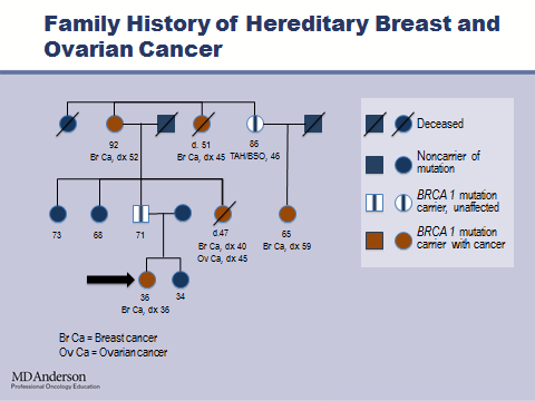 And here is a pedigree or a family history that is demonstrating a family with some typical features of hereditary breast cancer --- breast and ovarian cancer and this family has a BRCA1 mutation.