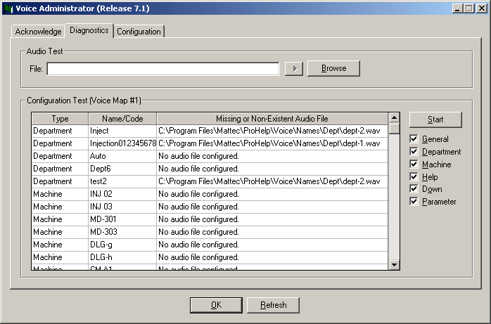 El tab de "Diagnósticas" del Administrador de Voz le permite ver rápidamente cuál archivos del sonido han sido configurados apropiadamente y los que no han sido configurados apropiadamente.