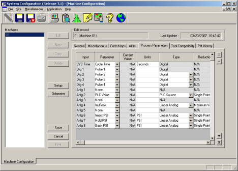 3.5 Configuración de Máquina (Tab de Parámetros del Proceso) El tab del Parámetro del Proceso del programa de configuración de Máquina es utilizada para configurar las entradas físicas, analógicas y