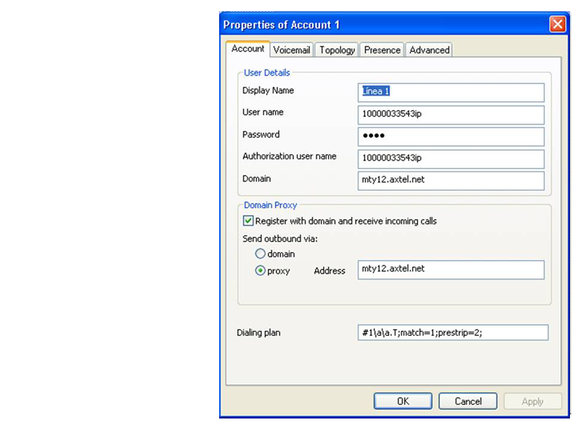 Configura el Softphone 2 Verás la pantalla Properties of Account. Elige la pestaña Account e ingresa tus datos de configuración que recibiste vía correo electrónico.