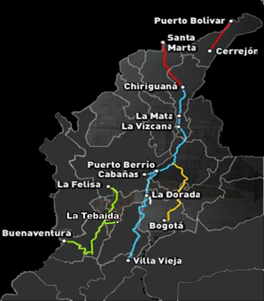 5. DIAGNÓSTICO DE LA RED FÉRREA COLOMBIANA La red férrea del país estaba compuesta por un total de 3.463 Km, longitud que incluía 150 Km de carácter privado (El Cerrejón), además de 1.