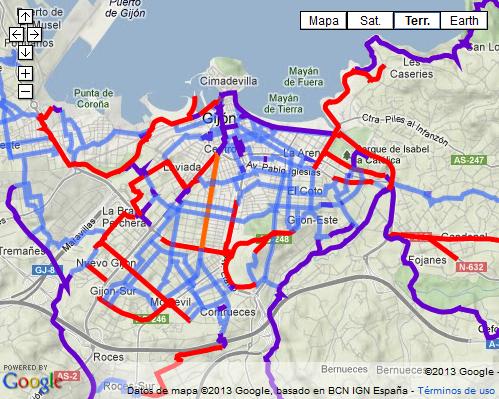 Líneas rojas: zonas de paso marcado para bici (carril-bici y acera bici). Líneas violetas: zonas compartidas peatones/ciclistas. Líneas azules: itinerarios recomendados (con tráfico motorizado).