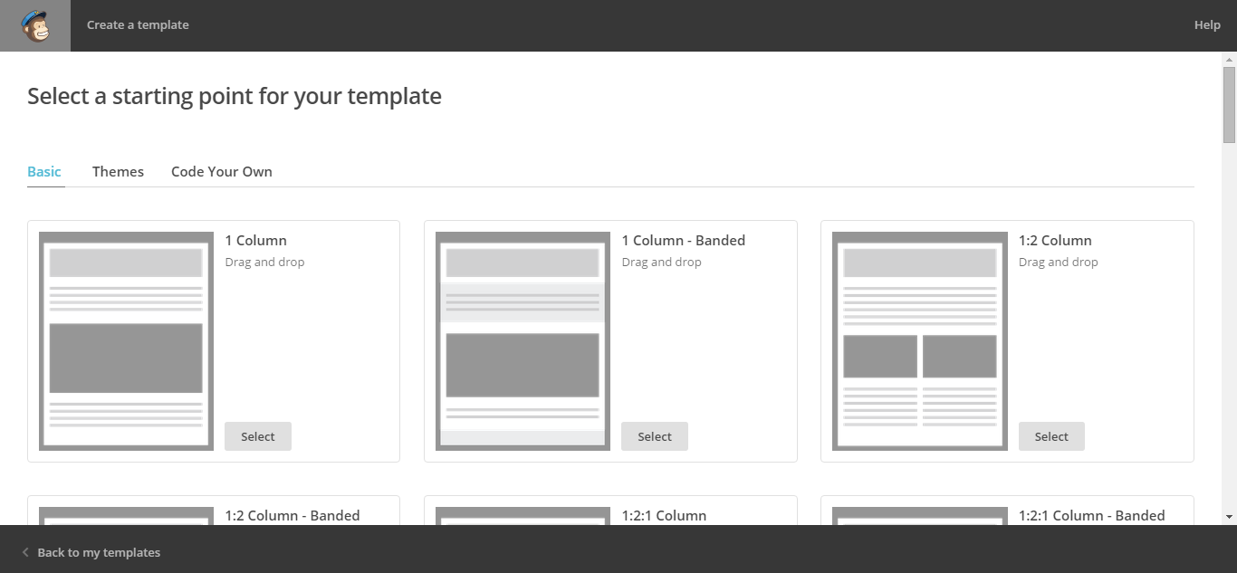 Lo primero que debes hacer en Mailchimp para comenzar a armar tu newsletter es seleccionar un template, es decir un diseño determinado en el cual vas a incluir la información que quieras enviar.